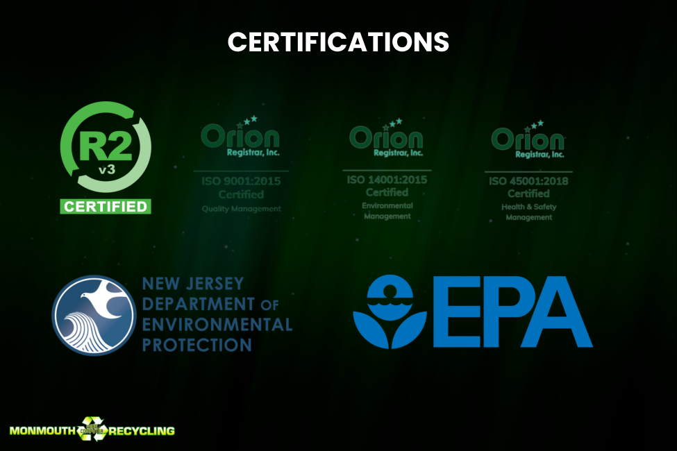 Logos of data destruction certification standards including R2, ISO 14001, and HIPAA.