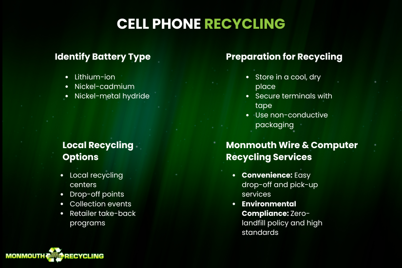 Infographic showing steps on how to recycle cell phone batteries.