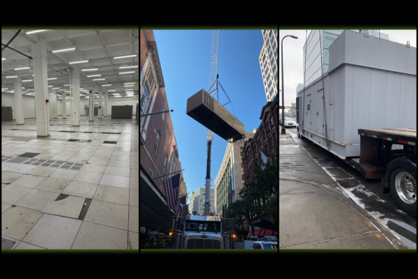 Office decommissioning: empty office, items moved with crane, vehicle transfer.