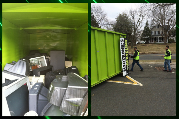 Community recycling bins provided by Monmouth Wire and Computer Recycling as part of their municipal recycling programs.